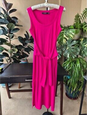 Lauren Ralph Lauren Fuchsia Pink Tie Waist Sleeveless Midi Dress Size 2
